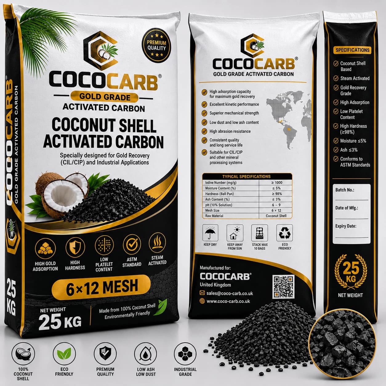 CocoCarb 25kg Coconut Shell Activated Carbon bag, front, back and side panels showing specifications